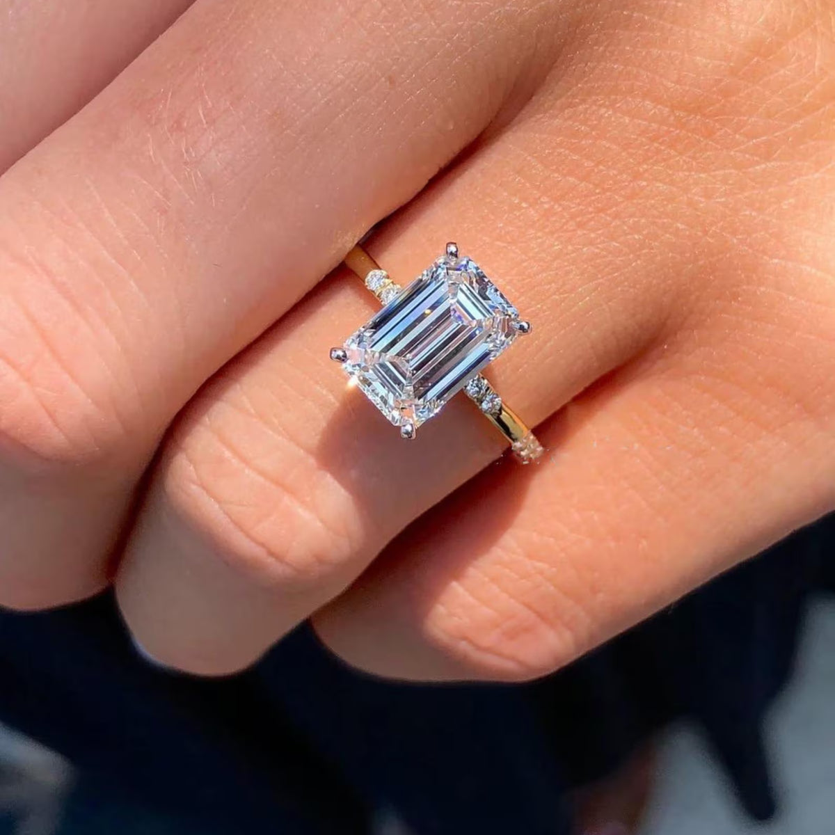 3CT Emerald Cut Moissanite Engagement Ring With 14K Yellow Gold Hidden Halo