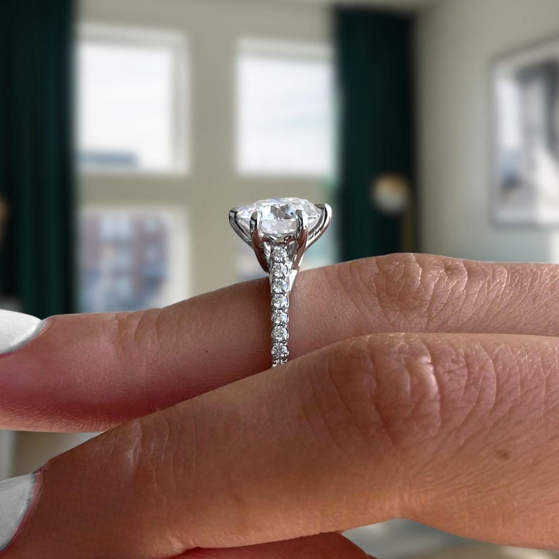 Six Prong Round Cut Moissanite Engagement Ring - Cathedral Pavé Band Solitaire Ring