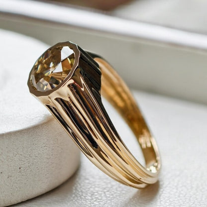 Bezel Set Old Mine European Moissanite Engagement Ring in 14K Gold