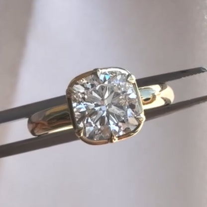 East West Cushion Cut Bezel Moissanite Engagement Ring in Yellow Gold