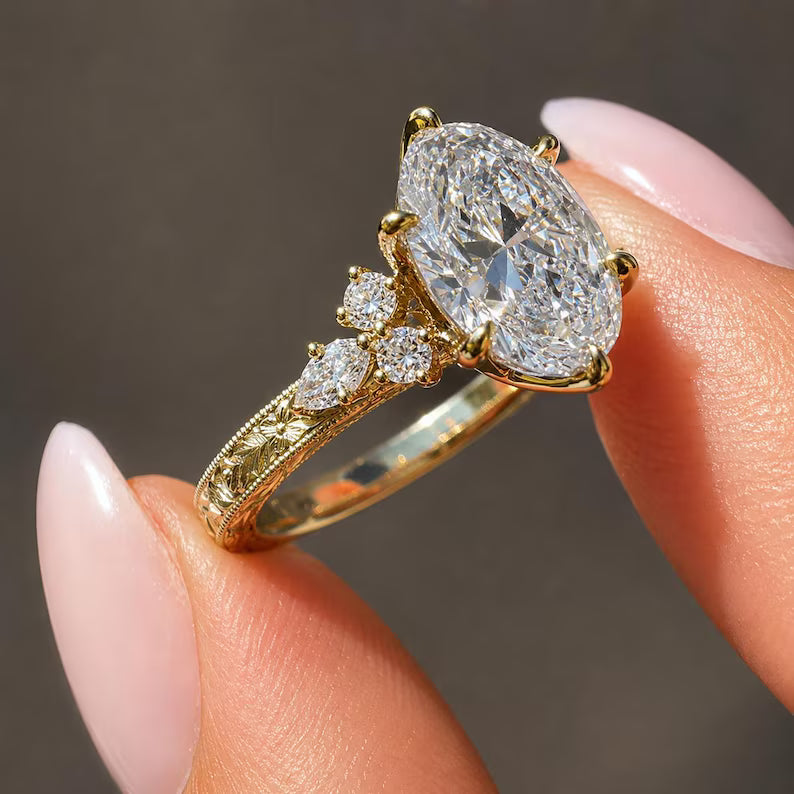 Vintage Marquise Moissanite Ring, Celestial Engraved Hidden Halo Solitaire