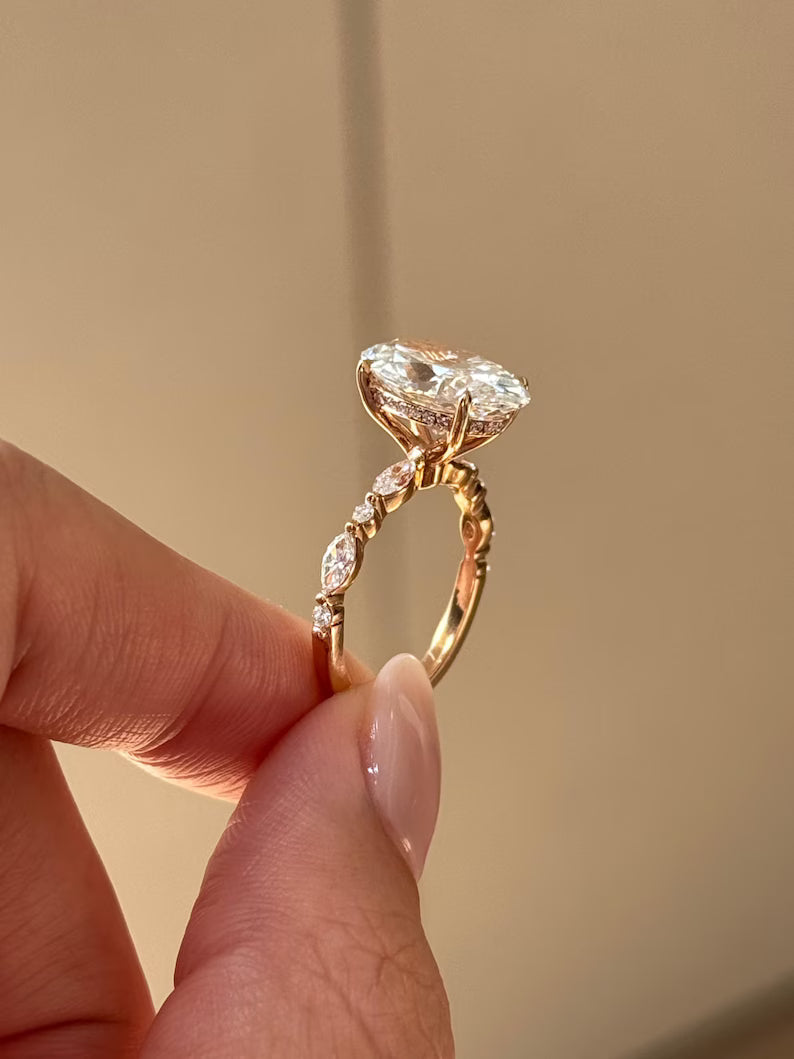 Oval Cut Engagement Ring Alternating Marquise Round Band