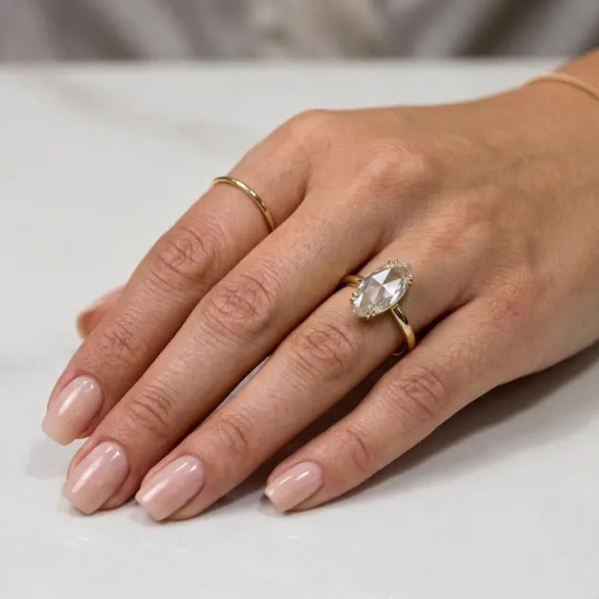 Antique Rose Cut Elongated Oval Moissanite Solitaire Ring in 14K Solid Gold