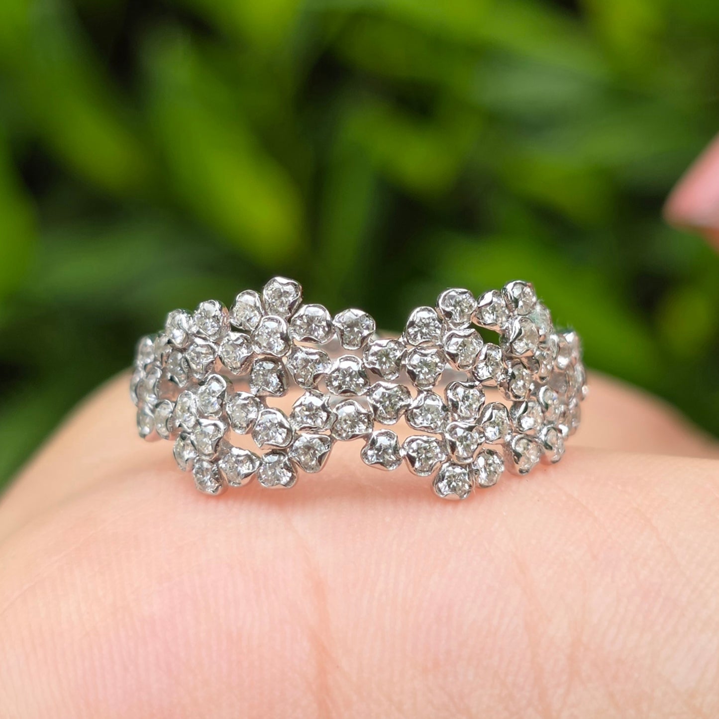Wide Diamond Ring, Cluster Wedding Band, Dainty Flower Ring, Multi Stone Promise Band, Cocktail Ring, Unique Engagement Ring For Her