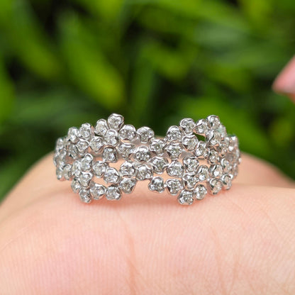 Wide Diamond Ring, Cluster Wedding Band, Dainty Flower Ring, Multi Stone Promise Band, Cocktail Ring, Unique Engagement Ring For Her