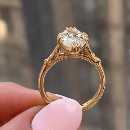 4 CT Moval Cut Moissanite Engagement Ring, 14 Solid Gold Inspired Solitaire with Side Stones Wedding Ring
