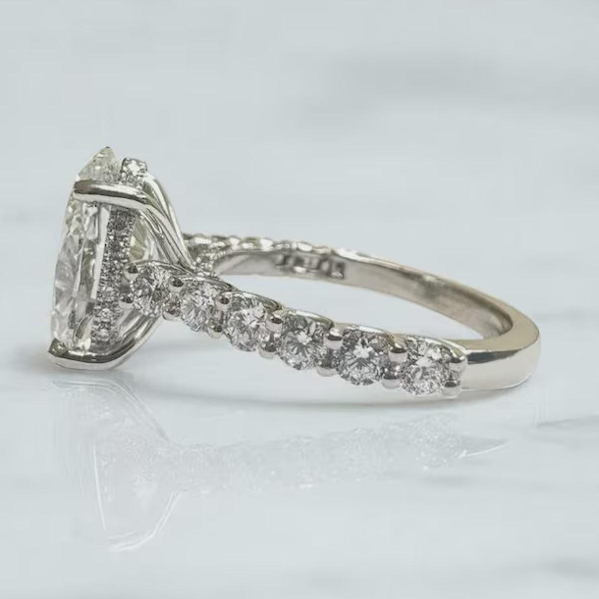 14K Gold Oval Moissanite Diamond With Hidden Halo Engagement Ring