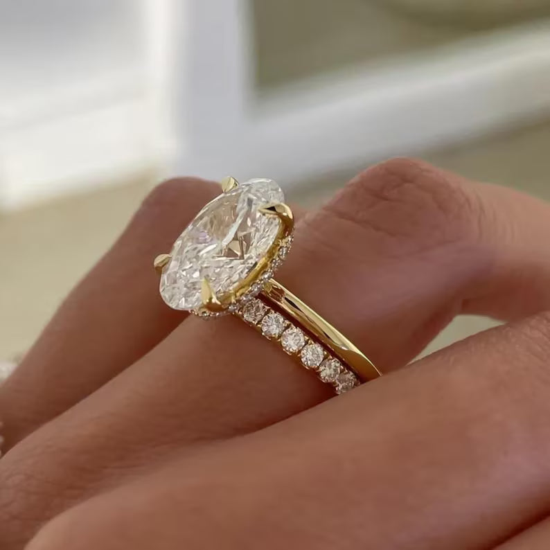 3CT Oval Moissanite Hidden Halo Ring Set Plain Gold Band