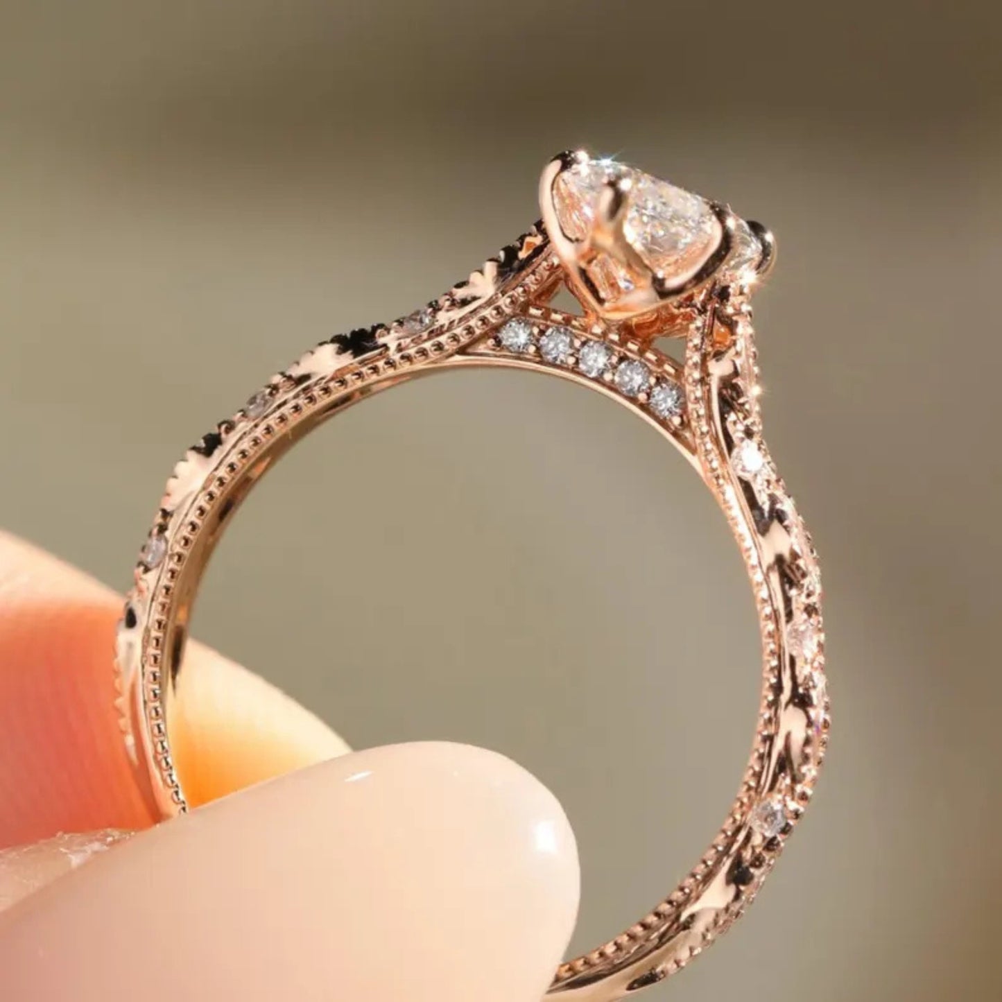 Milgrain 2 CT Marquise Moissanite Diamond Engagement Ring, Unique Art Deco Wedding Ring, Vintage 14K Rose Gold Promise Ring, Proposal Ring for Her