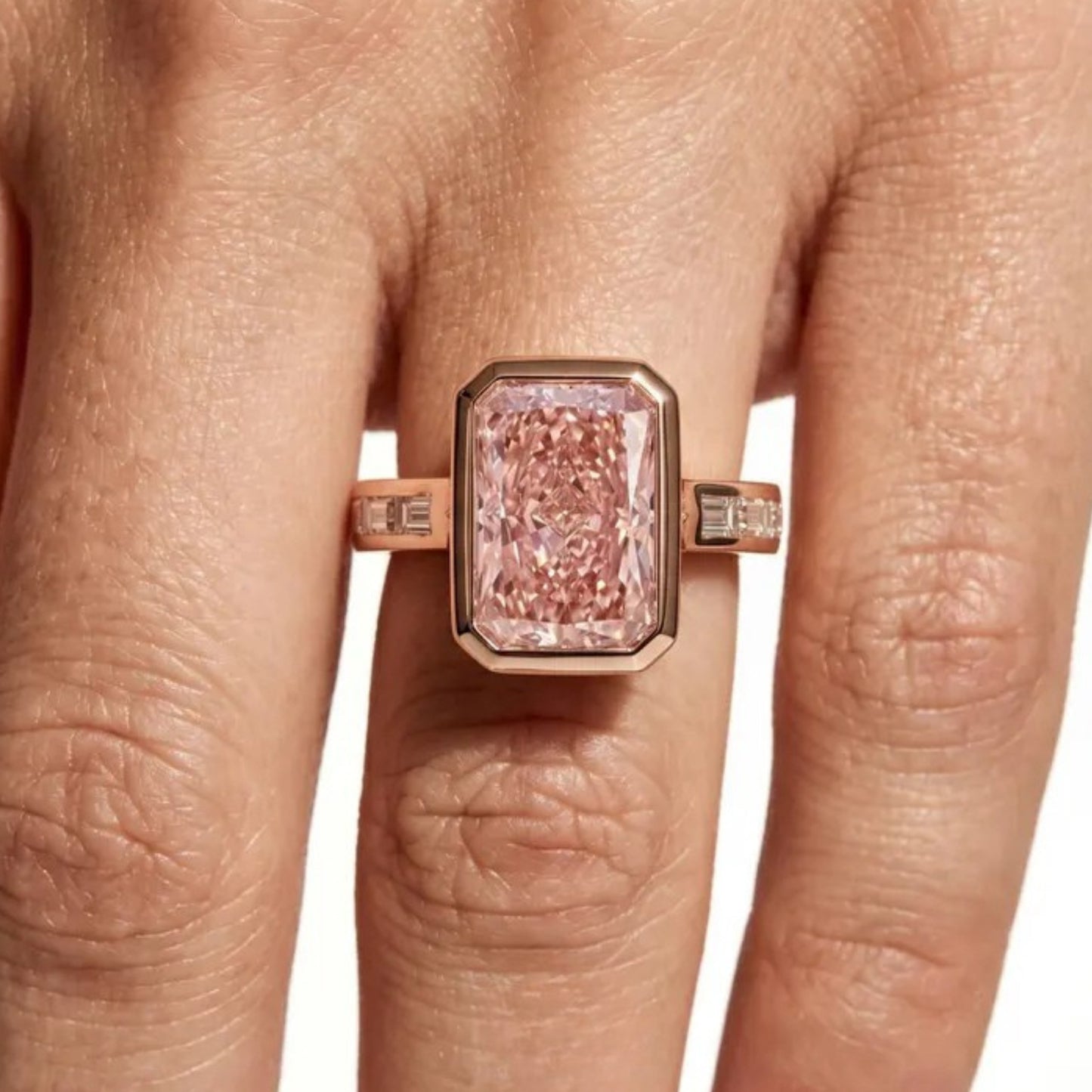 Bezel 3 CT Fancy Vivid Pink Radiant Cut Lab Diamond Engagement Ring, Side Channel Baguette Wedding Ring,14k Rose Gold IGI Certified Ring For Her