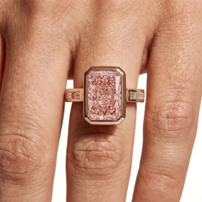 Bezel 3 CT Fancy Vivid Pink Radiant Cut Lab Diamond Engagement Ring, Side Channel Baguette Wedding Ring,14k Rose Gold IGI Certified Ring For Her