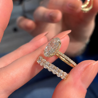 3 CT Oval Cut Moissanite Engagement Ring Set, 14K Solid Gold Ring Set, Hidden Halo Ring Set, Eternity Ring Set, Bridal / Wedding Ring Set