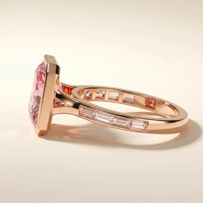 Bezel 3 CT Fancy Vivid Pink Radiant Cut Lab Diamond Engagement Ring, Side Channel Baguette Wedding Ring,14k Rose Gold IGI Certified Ring For Her