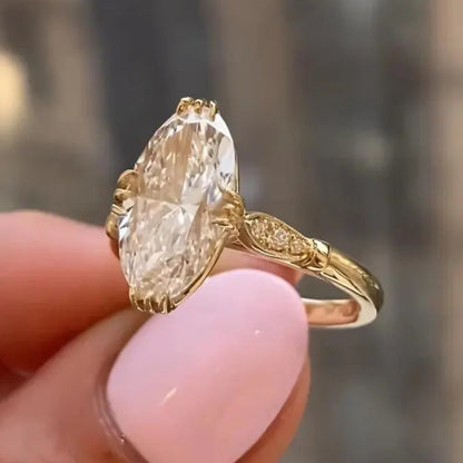 4 CT Moval Cut Moissanite Engagement Ring, 14 Solid Gold Inspired Solitaire with Side Stones Wedding Ring