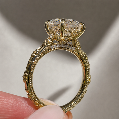 Vintage Floral Oval Moissanite Engagement Ring - Intricate Milgrain Hidden Bridge Gold Ring