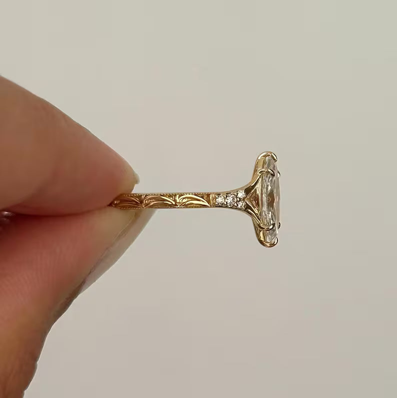 3CT Marquise Cut Moissanite Engagement Ring Vintage Hand Engraved Gold Band