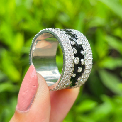 Black Enamel Wide Band Ring, Unique Pave Diamond Cluster Wedding Ring, Heavy Silver Promise Band, Art Deco Style Cocktail Ring For Her