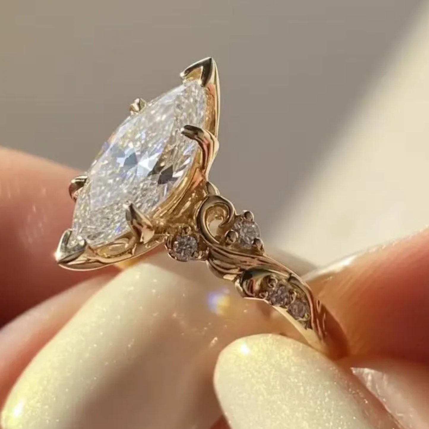 Vintage 2.5 CT Marquise Cut Moissanite Engagement Ring, 18K Solid Yellow Gold Natural Inspired Flower Wedding Ring, Anniversary Ring For Women