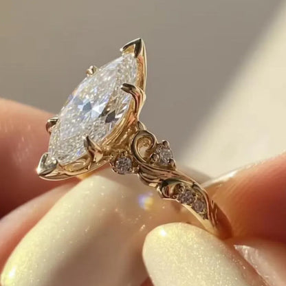 Vintage 2.5 CT Marquise Cut Moissanite Engagement Ring, 18K Solid Yellow Gold Natural Inspired Flower Wedding Ring, Anniversary Ring For Women