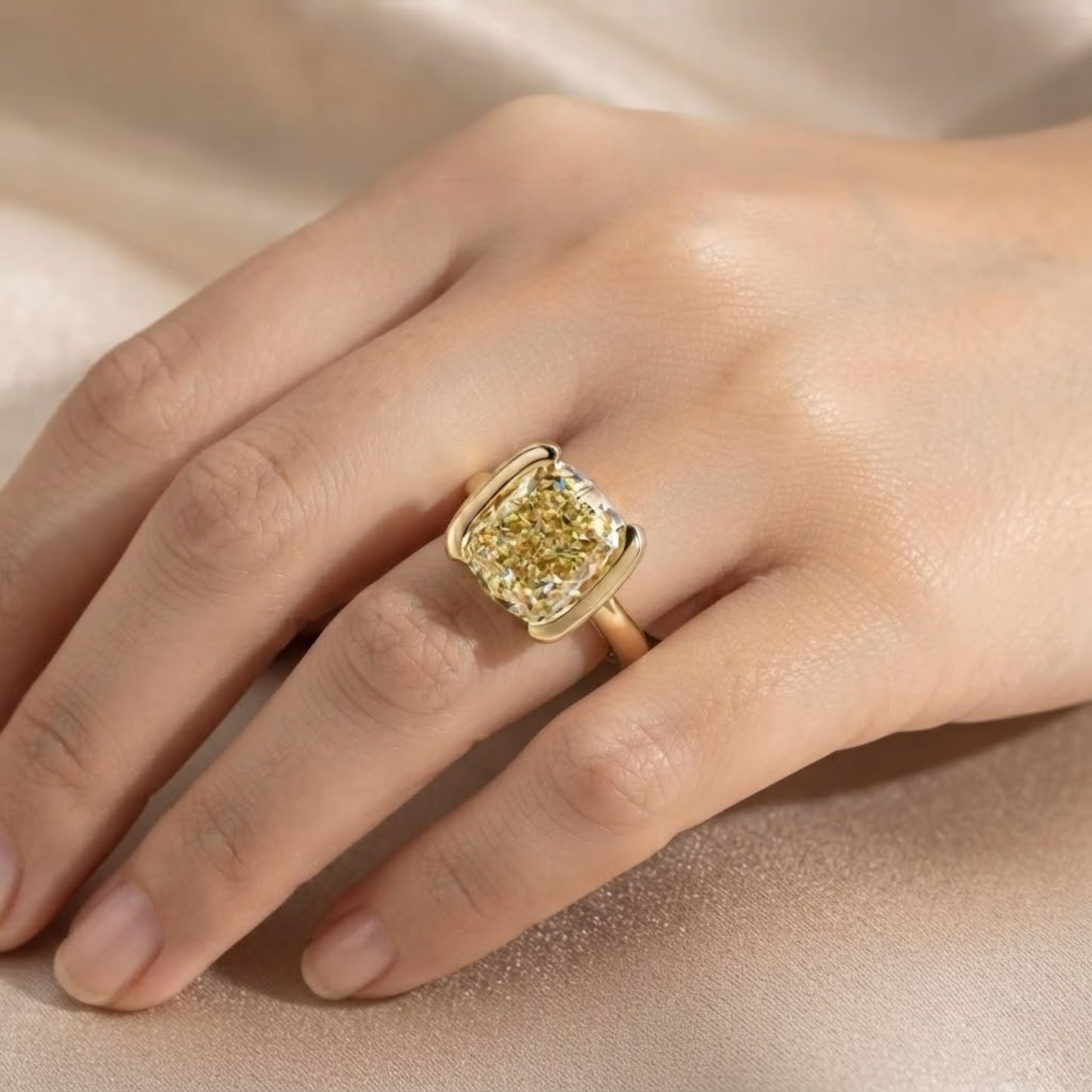 2.5 CT Fancy Yellow Cushion Cut Lab Grown Engagement Ring, Half Bezel Set Wedding Ring, 14k Yellow Gold IGI Certified Ring For Women