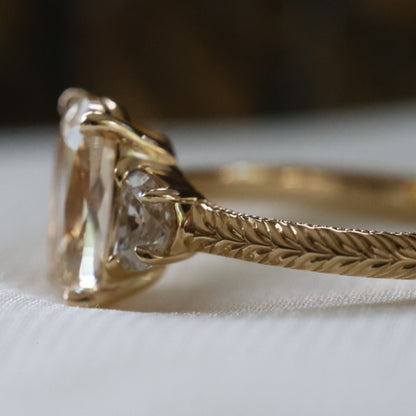 Champagne Cushion Cut Moissanite Engagement Ring in Vintage Engraved Gold
