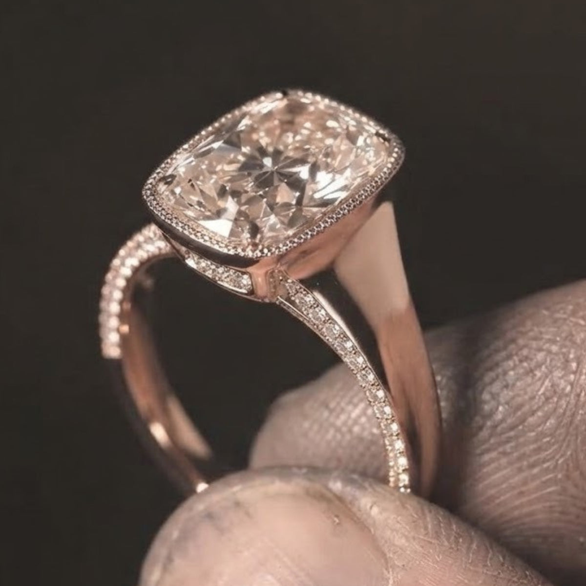 Milgrain Old Mine Cushion Cut Moissanite Engagement Ring in 14K Rose Gold