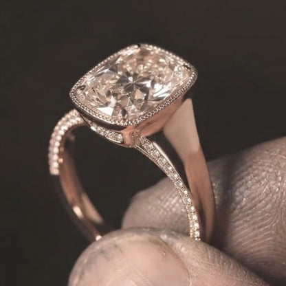 Milgrain Old Mine Cushion Cut Moissanite Engagement Ring in 14K Rose Gold