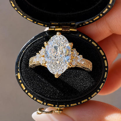 Vintage Marquise Moissanite Ring, Celestial Engraved Hidden Halo Solitaire