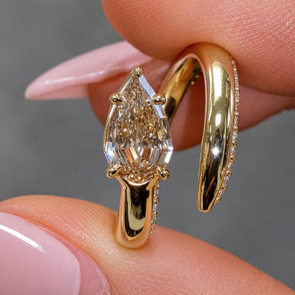Pear Cut Champagne Moissanite Engagement Ring, Vintage 14k Yellow Gold Solitaire Ring, Open Band Wedding Ring, Bridal Jewelry, Anniversary Gifts Ring