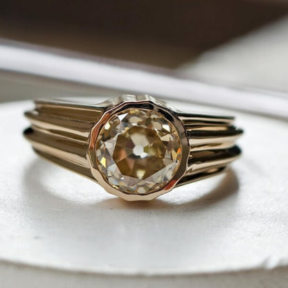 Bezel Set Old Mine European Moissanite Engagement Ring in 14K Gold