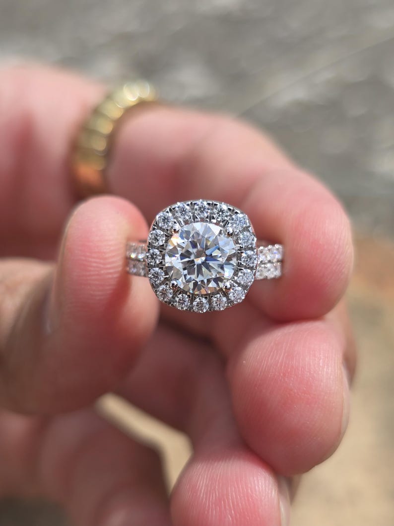 Round Cut Moissanite Cushion Halo Engagement Ring Set - Pavé Band Bridal Set