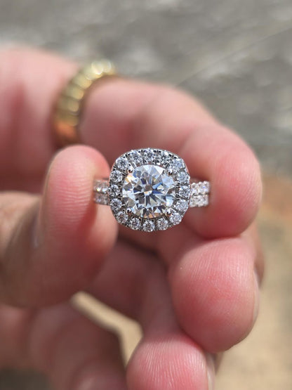 Round Cut Moissanite Cushion Halo Engagement Ring Set - Pavé Band Bridal Set