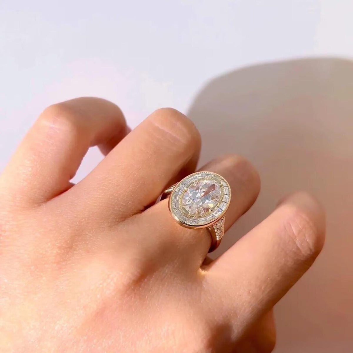 Art Deco Oval Moissanite With Halo Baguette & Round Cut Engagement Ring