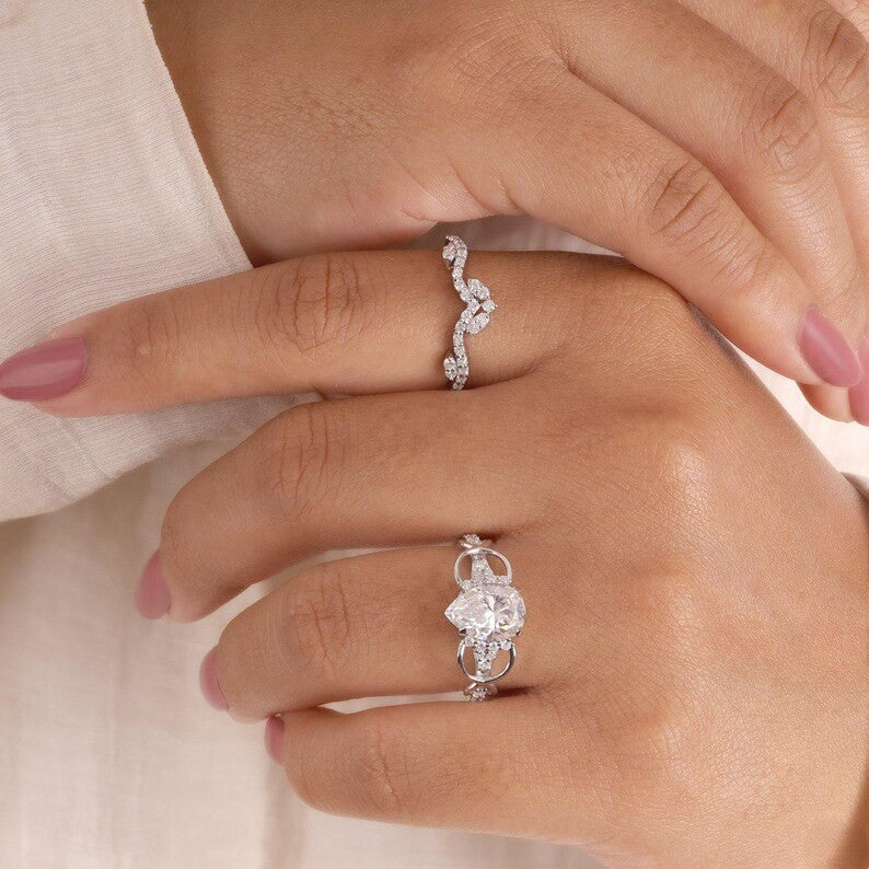 Pear Moissanite Crown Engagement Ring Twisted Band Wedding Set