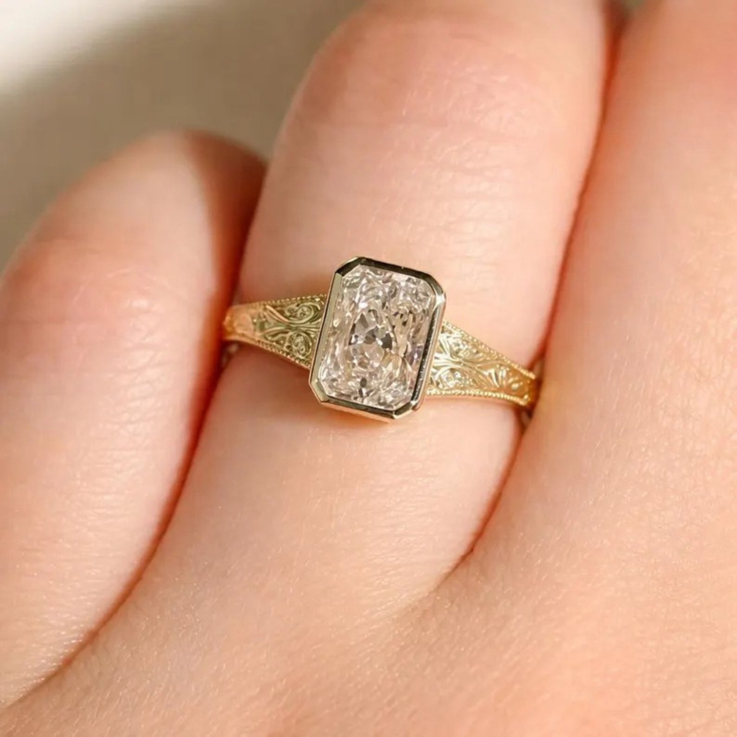 Bezel Set Radiant Moissanite Engagement Ring Vintage14K Solid Gold Promise Ring Hand Engraved Wedding Band Ring For Women