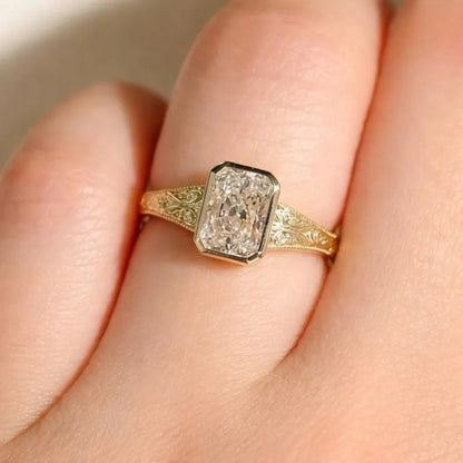 Bezel Set Radiant Moissanite Engagement Ring Vintage14K Solid Gold Promise Ring Hand Engraved Wedding Band Ring For Women