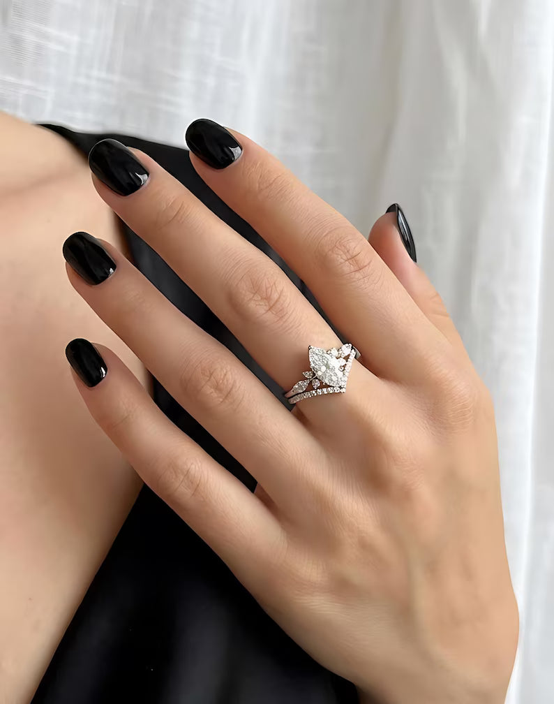 Unique Marquise Engagement Ring Matching Curved Wedding Set