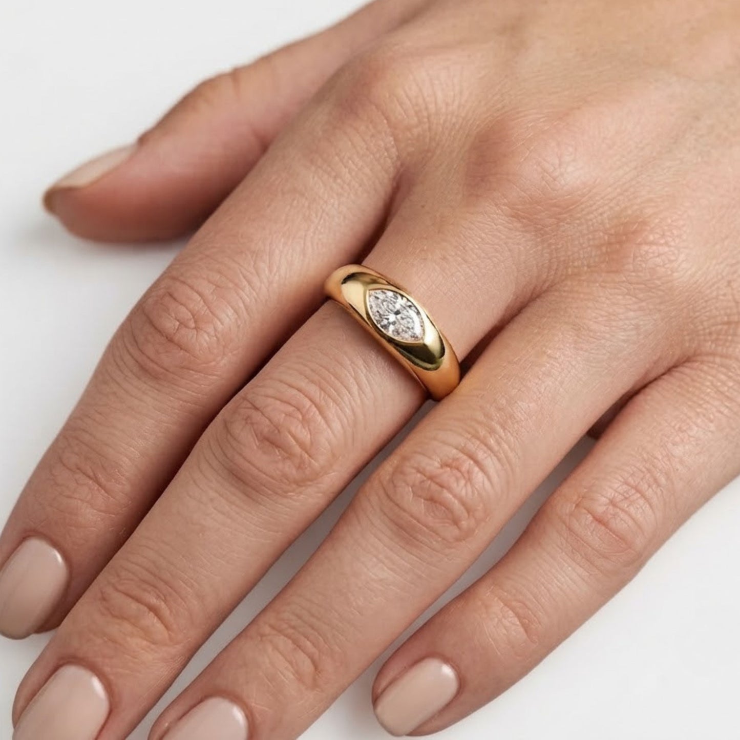 East West Marquise Moissanite Dome Ring in Solid 14k Gold Bezel Statement Ring for Women, Chunky Pinky Signet, Handmade Jewelry