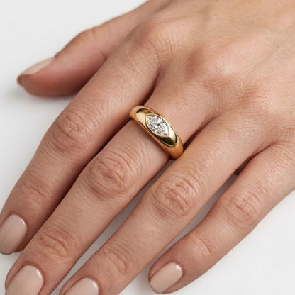 East West Marquise Moissanite Dome Ring in Solid 14k Gold Bezel Statement Ring for Women, Chunky Pinky Signet, Handmade Jewelry