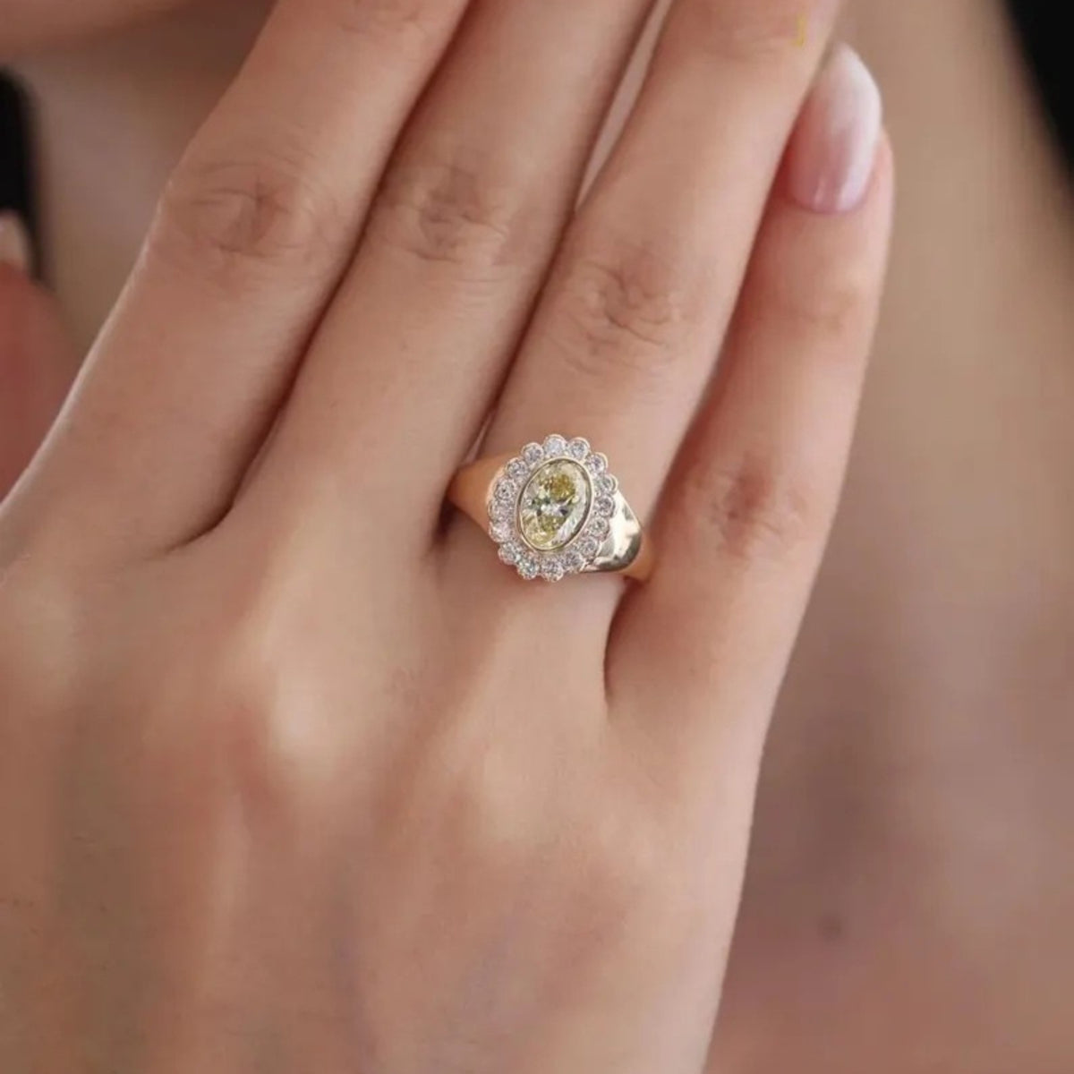 Vintage Yellow Oval Lab Diamond Flower Pinky Halo Engagement ring