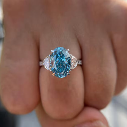 4 CT Blue Oval Lab Grown Three Stone Diamond  Engagement 14K Gold Pave Ring