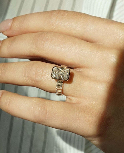Bezel Set Radiant Cut Moissanite Engagement Ring - Channel Set Baguette Band Gold Ring