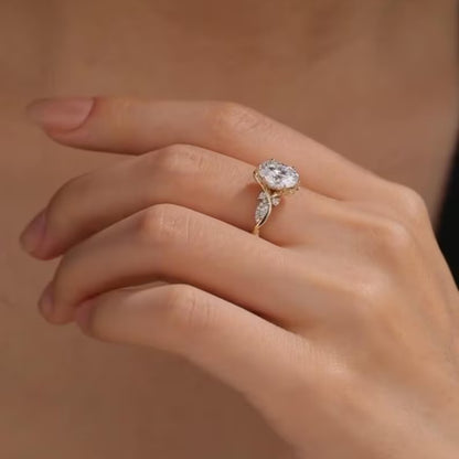 Floral 2 CT Oval Cut Moissanite Engagement Ring, Vintage 18K Solid Gold, Marquise Side Stone Wedding Ring, Anniversary Ring