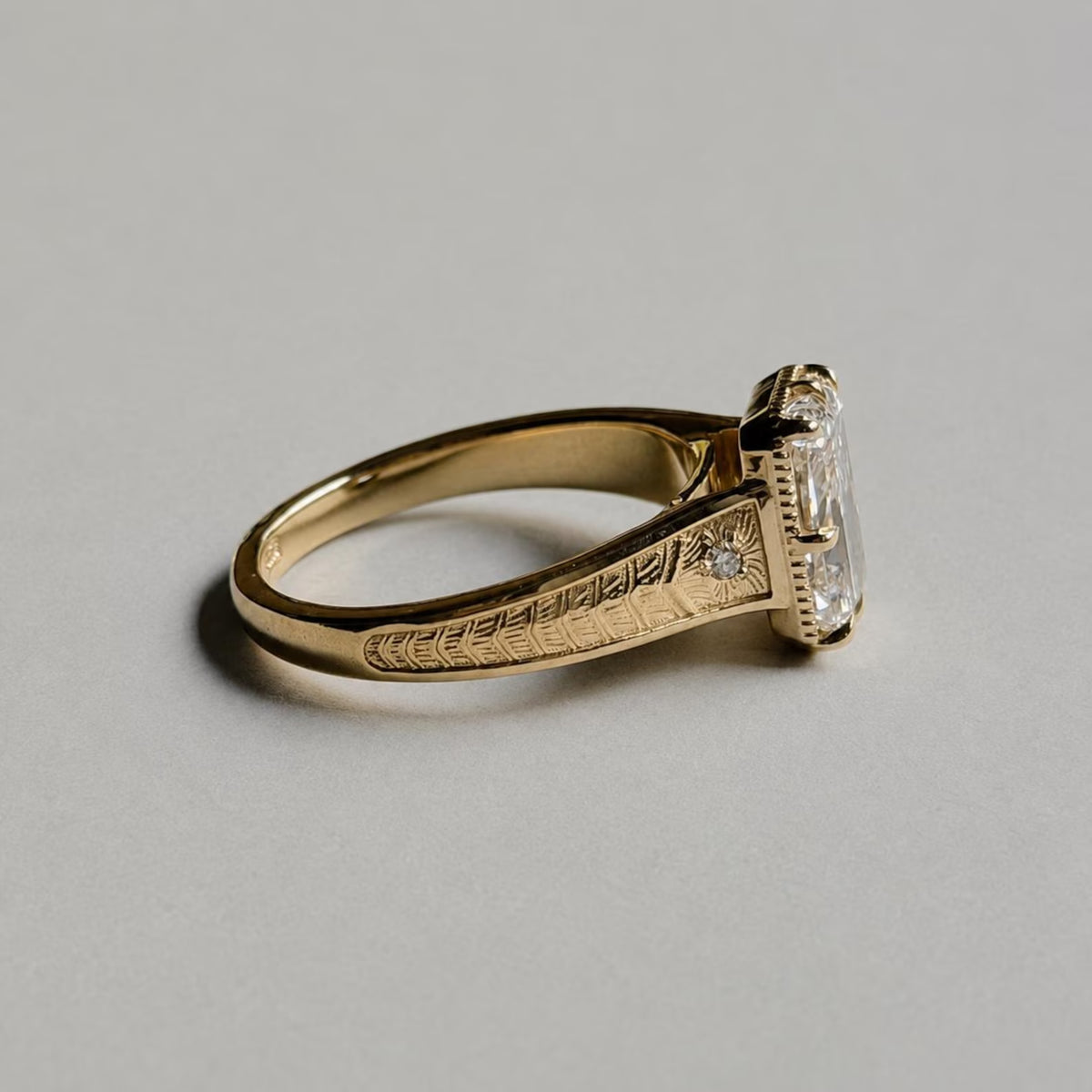 2.5 CT Radiant Cut Lab Grown Diamond Engagement Ring in Engraved Gold Band