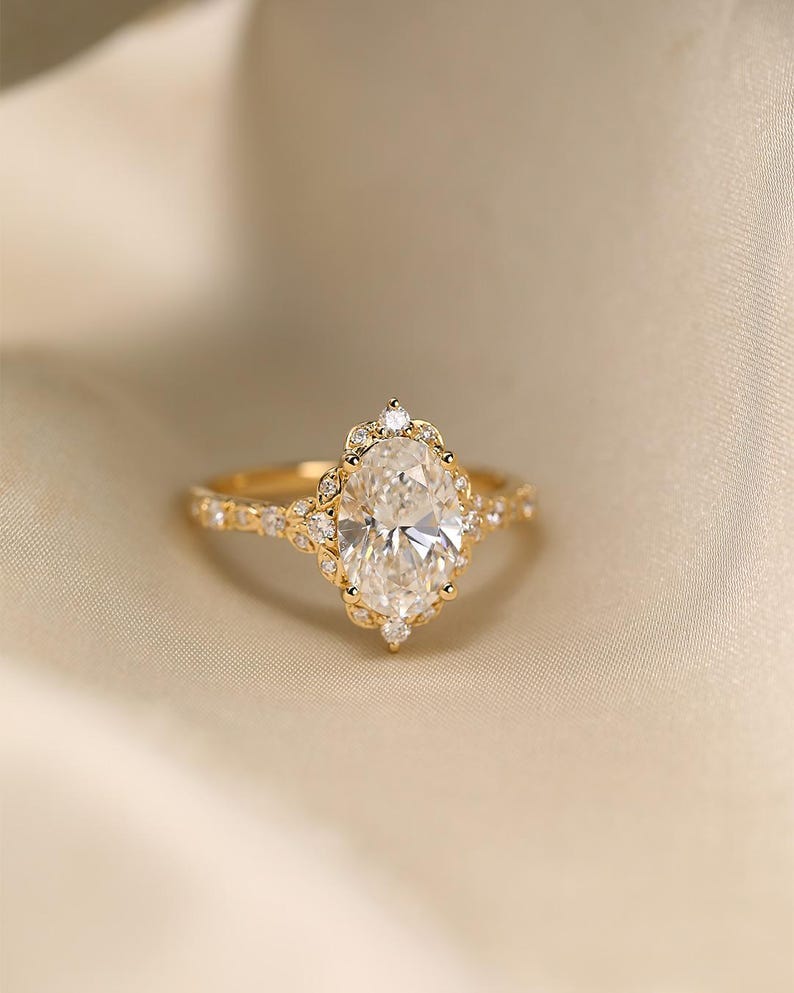 2.5 CT Oval Cut Moissanite Solitaire Ring with Vintage Halo, Solid 10K/14K/18K Gold Floral Bridal Ring, Dainty Stacking Promise Ring for Her