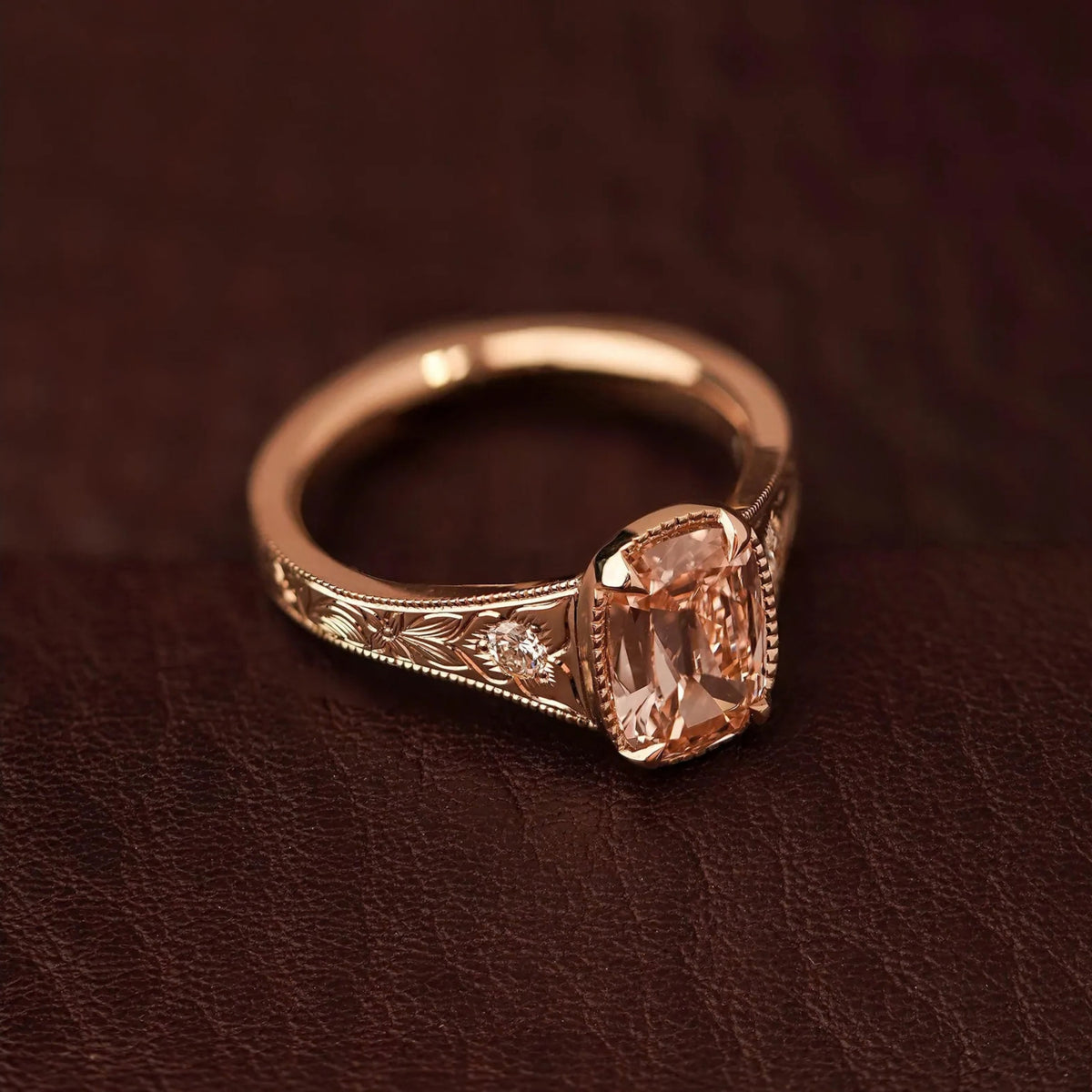 Unique Pink Old Mine Cushion Cut Moissanite With Engraved Band Ring
