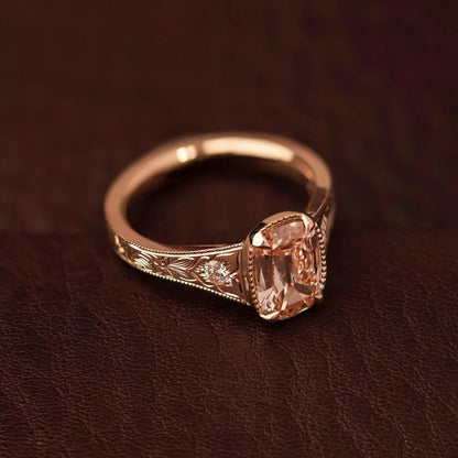 Unique Pink Old Mine Cushion Cut Moissanite With Engraved Band Ring