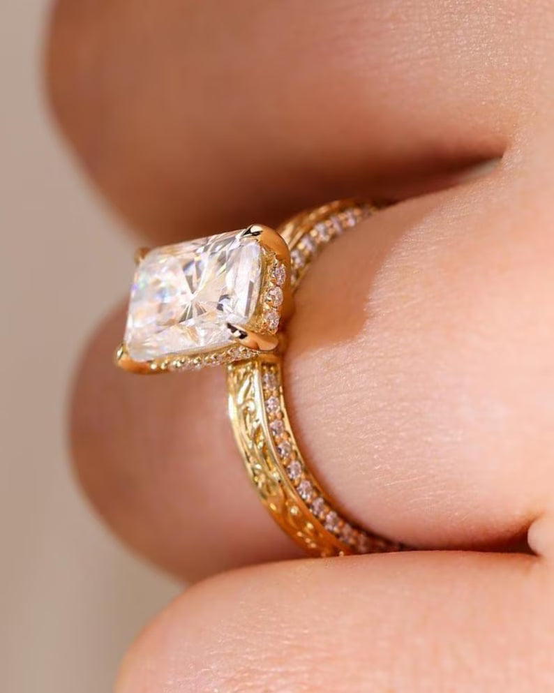 4CT Radiant Cut Moissanite Engagement Ring Vintage Engraved Gold Band