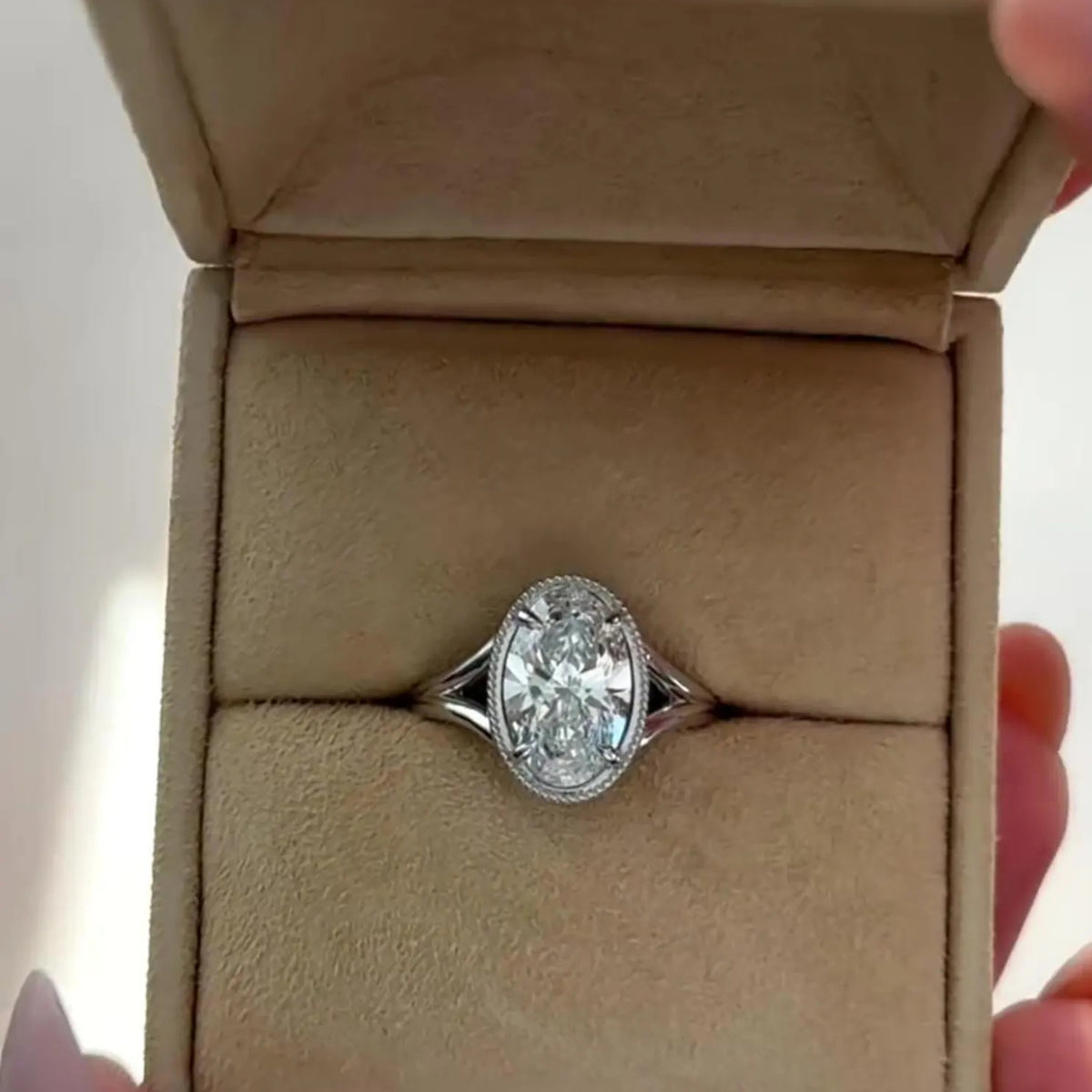 Unique 3CT Oval Moissanite Engagement Ring With Spilt Shank Band