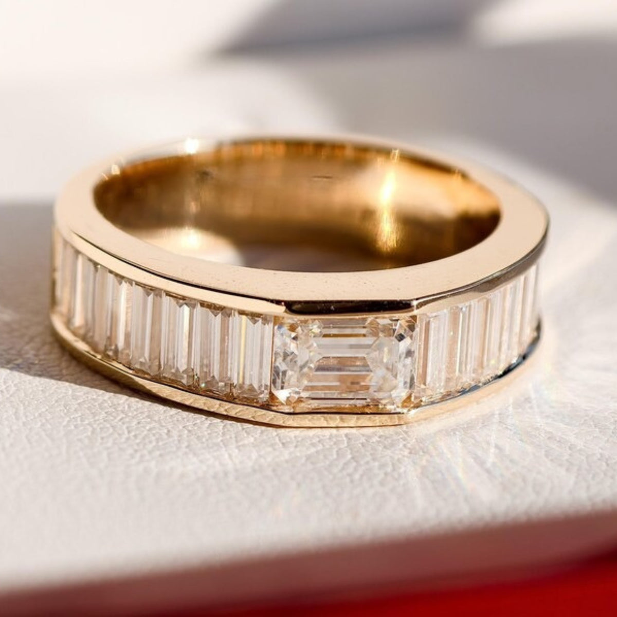 Mens East West Emerald Cut With Channel Set Baguette Moissanite Wedding Band